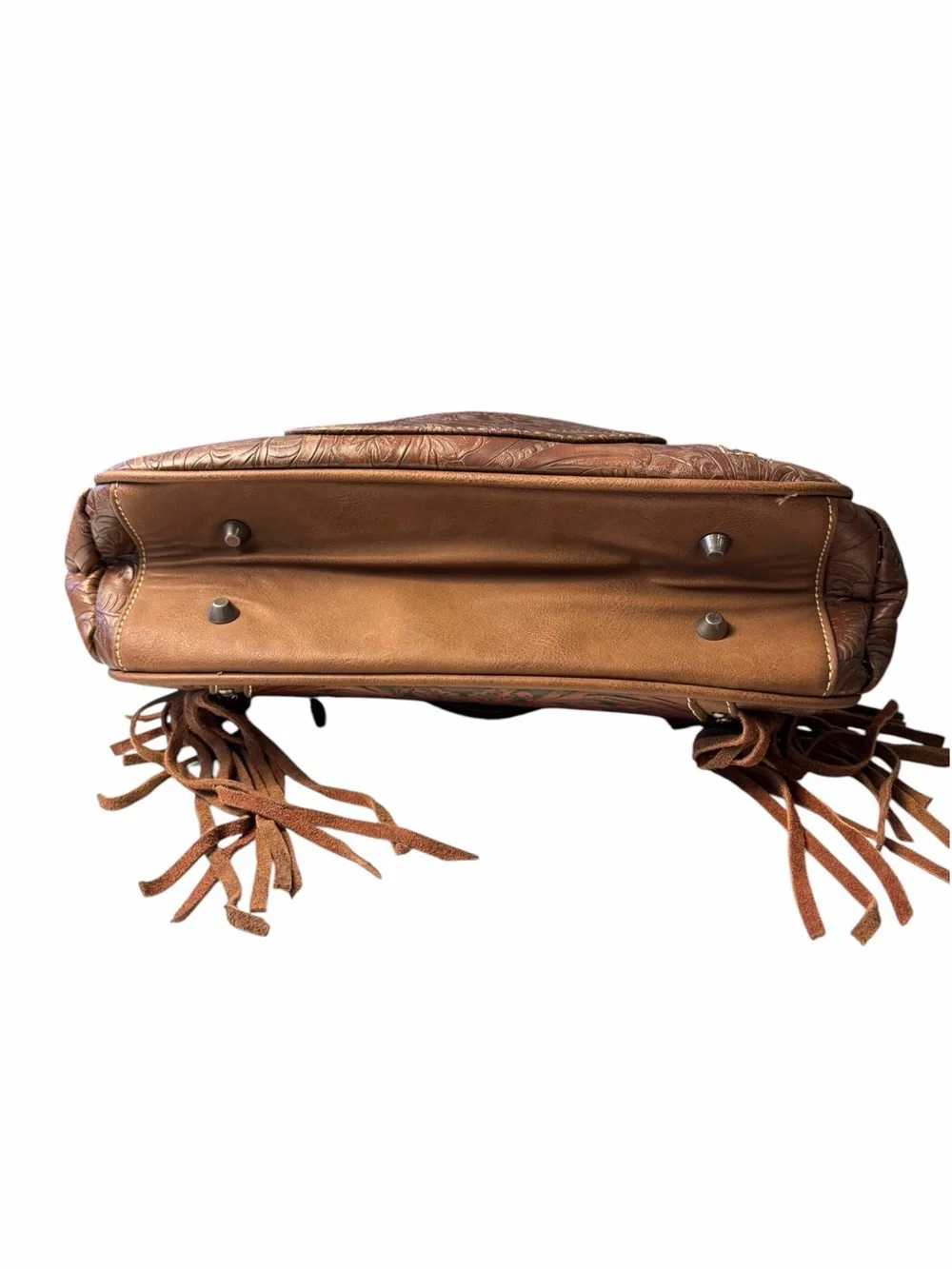 Trinity Ranch Tooled Leather Brown Purse Turquoise Stones Fringe Zippered Pocket